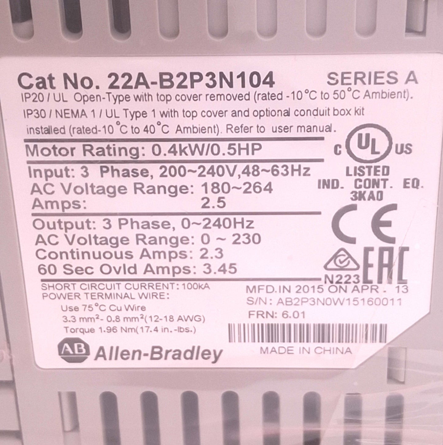 New – Open box Allen Bradley 22A-B2P3N104 PowerFlex AC Drive, 3ph 0-230VAC 0-240Hz, 0.4kW/0.5HP