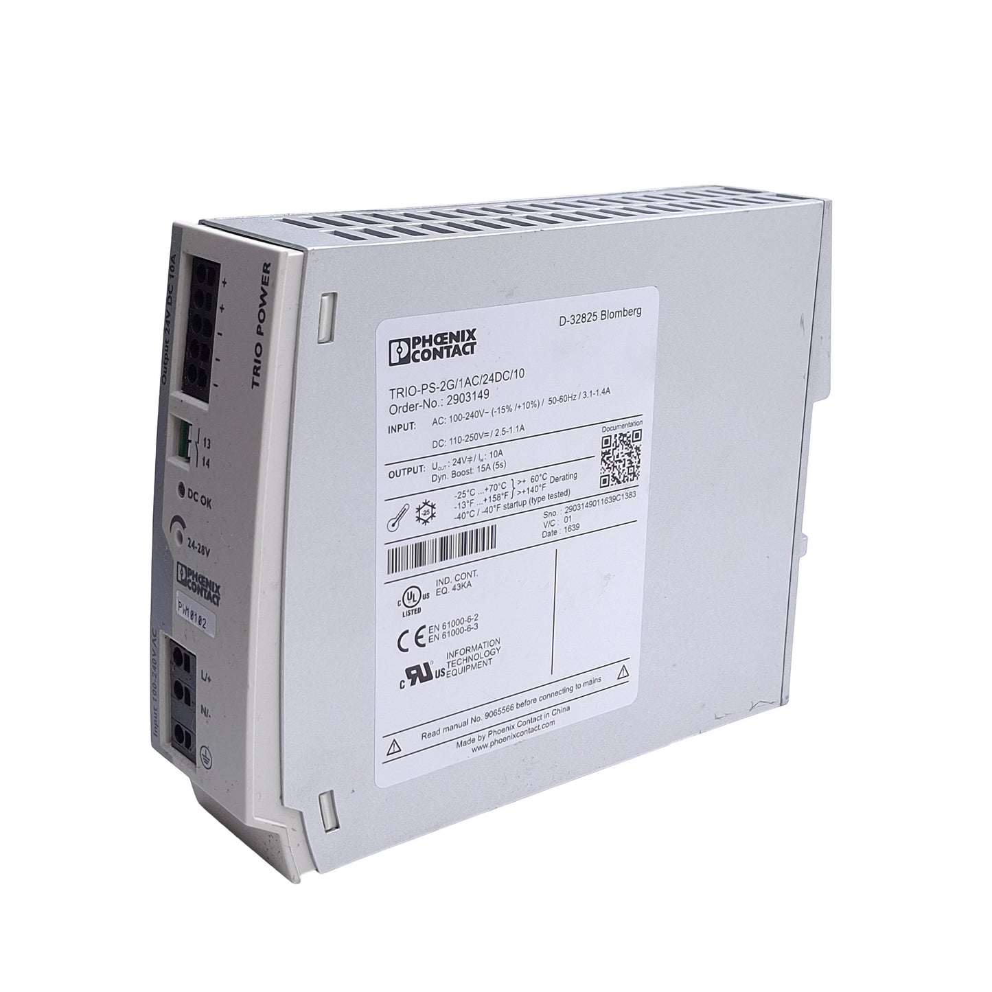 Used Phoenix Contact TRIO-PS-2G/1AC/24DC/10 Power Supply, 100-240VAC to 24VDC 10 Amps