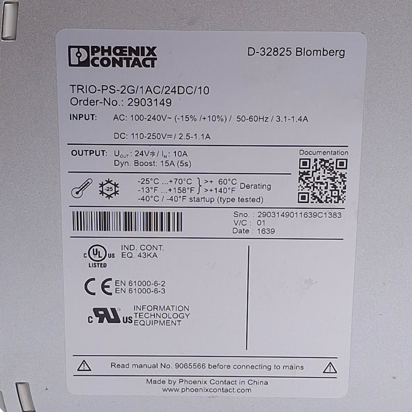 Used Phoenix Contact TRIO-PS-2G/1AC/24DC/10 Power Supply, 100-240VAC to 24VDC 10 Amps