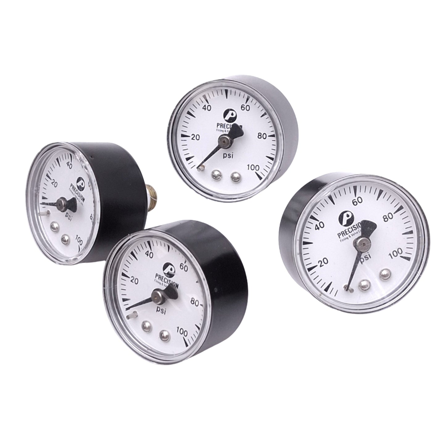 Used Lot of 4 Precision Fitting & Valve Co Pressure Gauges, ø1.5in, 100psi, 1/8in NPT