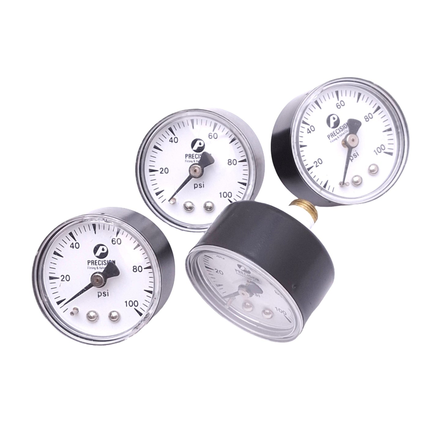Used Lot of 4 Precision Fitting & Valve Co Pressure Gauges, ø1.5in, 100psi, 1/8in NPT