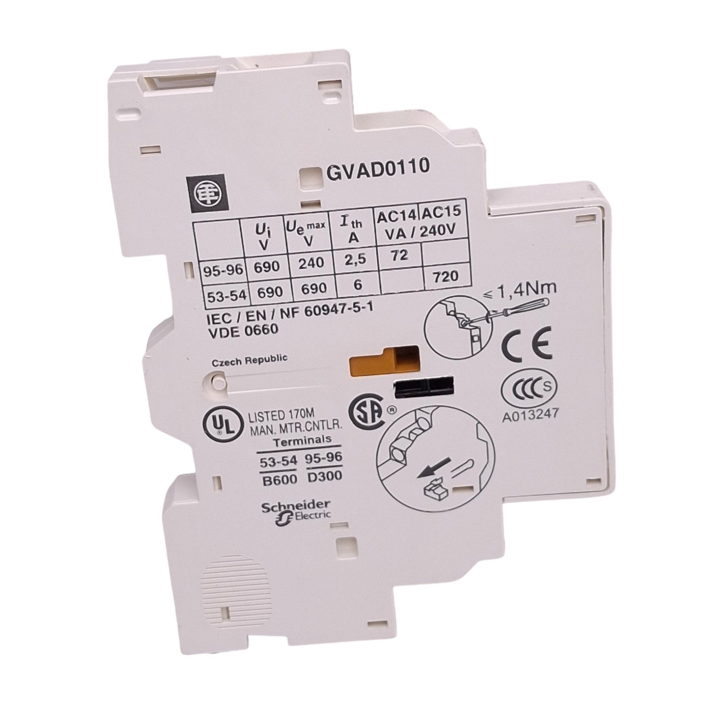 New – Open box Schneider Electric GVAD0110 Aux Contact Blocks, 1NO 1NC, 6A 240VAC Max