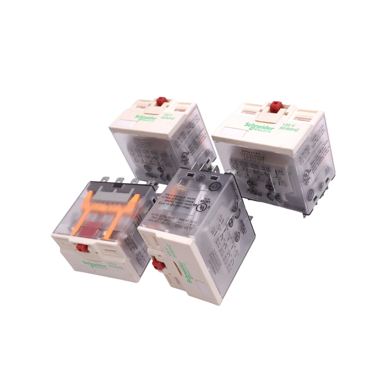 Used Lot of 4 Schneider RPM41F7 Relays, 4PDT 14-Pin, 277VAC 15A Max, 120VAC Coil