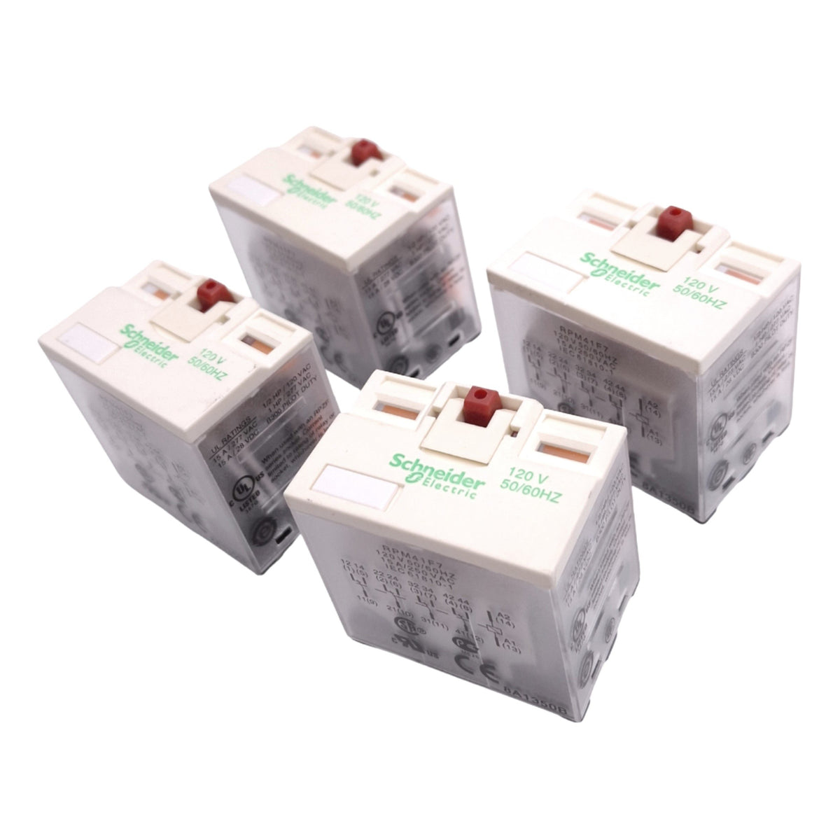 Used Lot of 4 Schneider RPM41F7 Relays, 4PDT 14-Pin, 277VAC 15A Max, 120VAC Coil