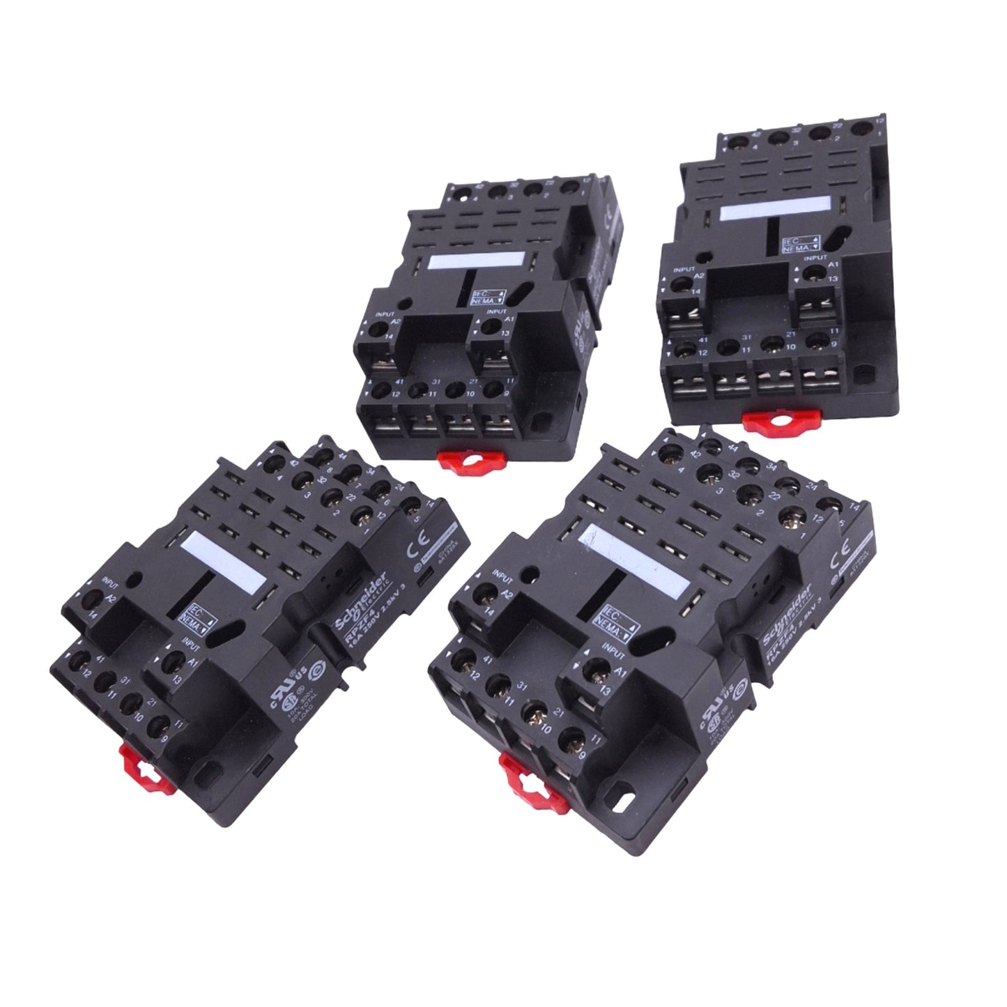Used Lot of 4 Schneider RPZF4 Relay Sockets, 14-Pin Blade, 10A 300VAC/DC, DIN Rail