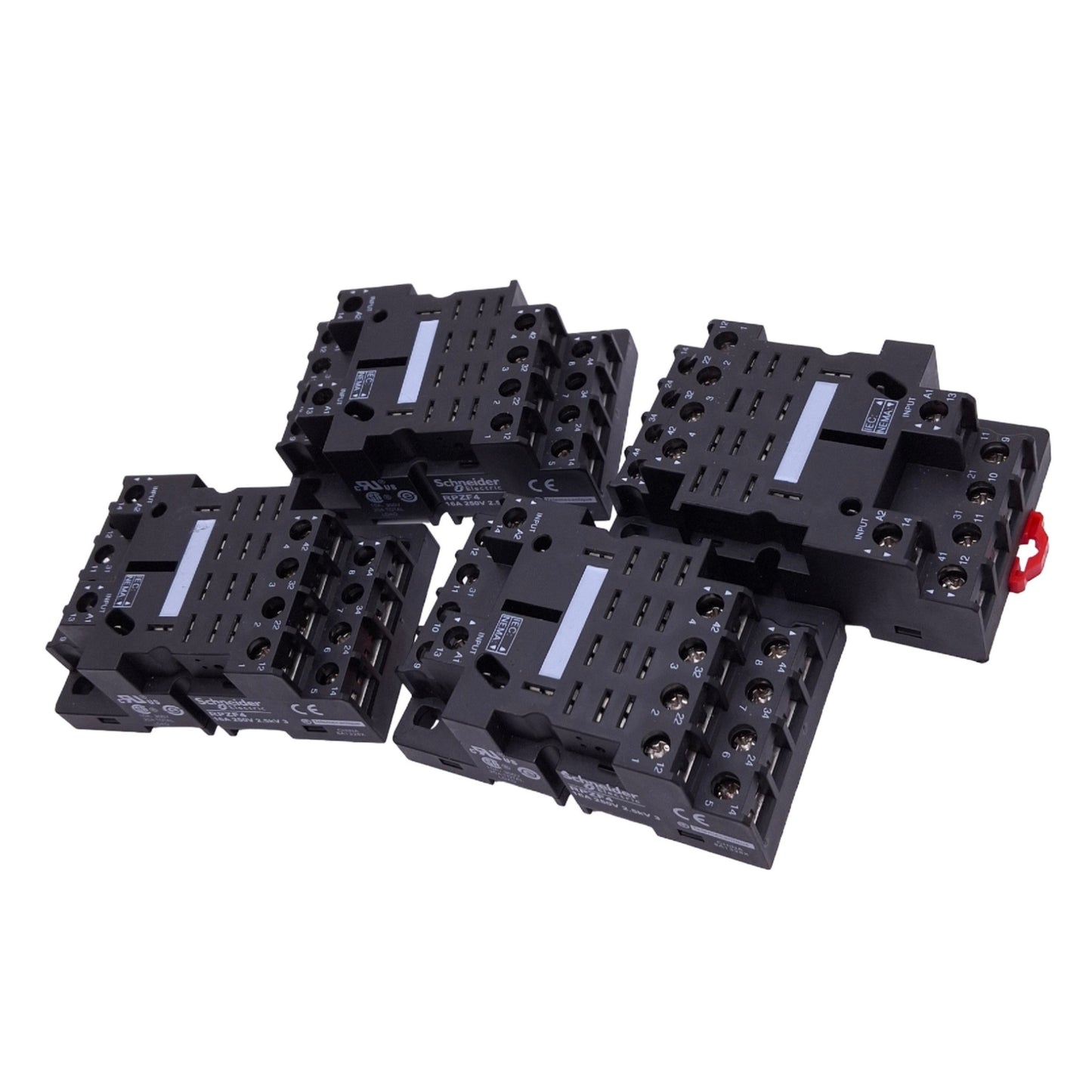 Used Lot of 4 Schneider RPZF4 Relay Sockets, 14-Pin Blade, 10A 300VAC/DC, DIN Rail