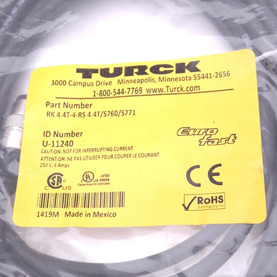 New Turck RK 4.4T-4-RS 4.4T/S760/S771 Eurofast Cordset, M12 4-Pin Male/Female, 4m