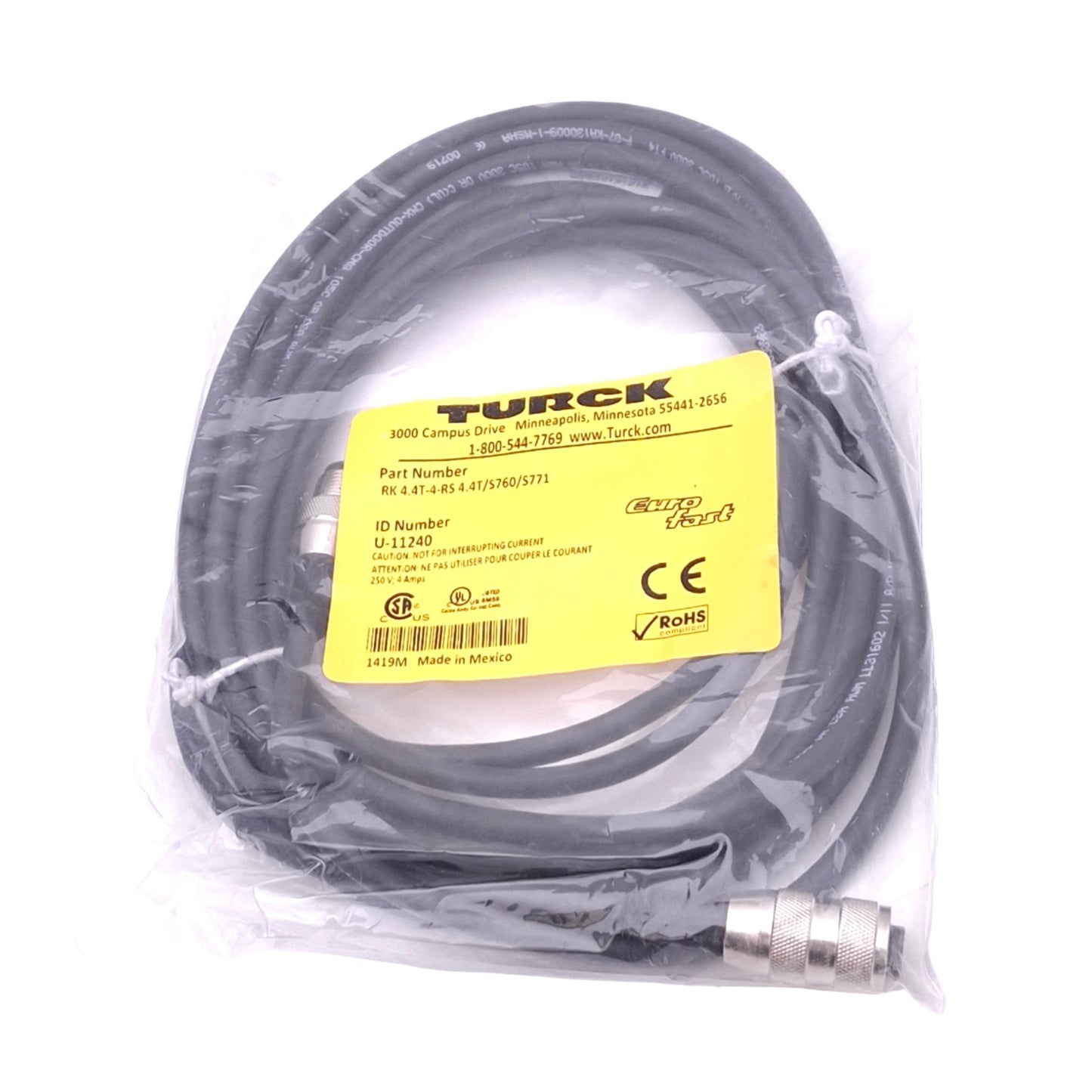 New Turck RK 4.4T-4-RS 4.4T/S760/S771 Eurofast Cordset, M12 4-Pin Male/Female, 4m