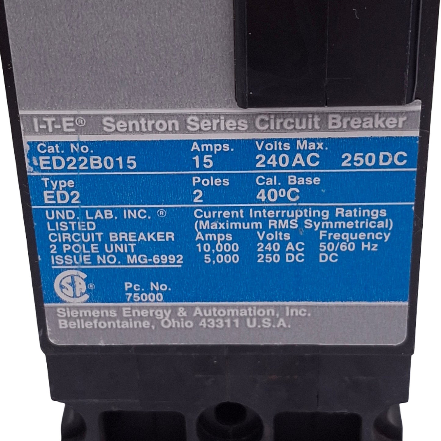 Used Siemens ED22B015 Sentron Circuit Breaker, 2-Pole 15A, 240VAC Max, Bolt-On