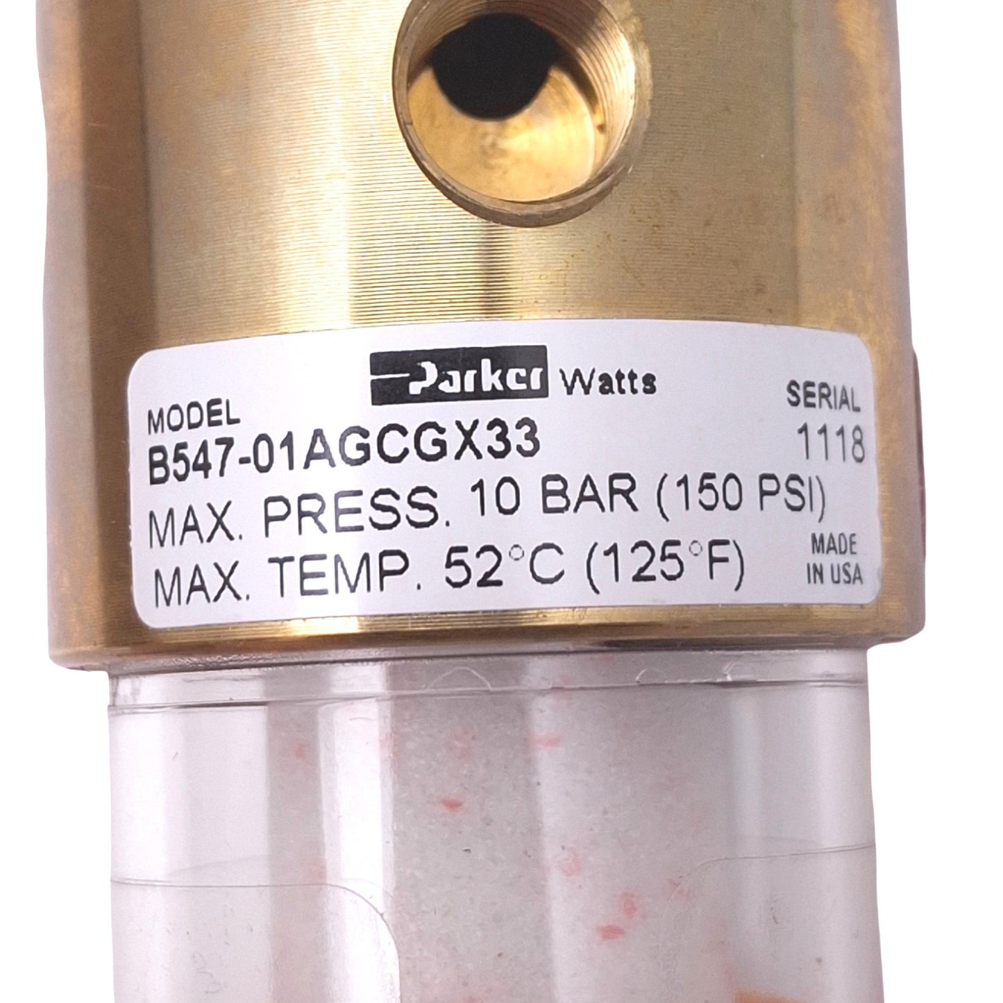Used Parker B547-01AGCGX33 Filter Regulator, 0-125psi Set, 150psi Max, 1/8in NPT