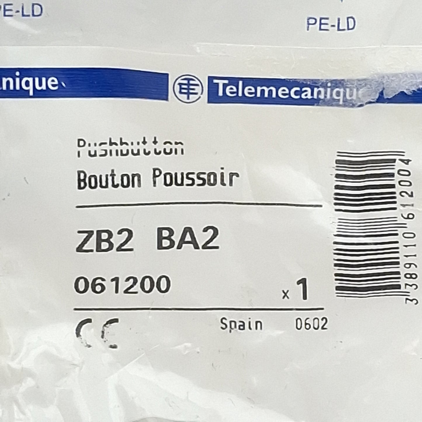 New Lot of 2 Telemecanique ZB2BA2 061200 Pushbutton Head, Black, ø22mm, Momentary