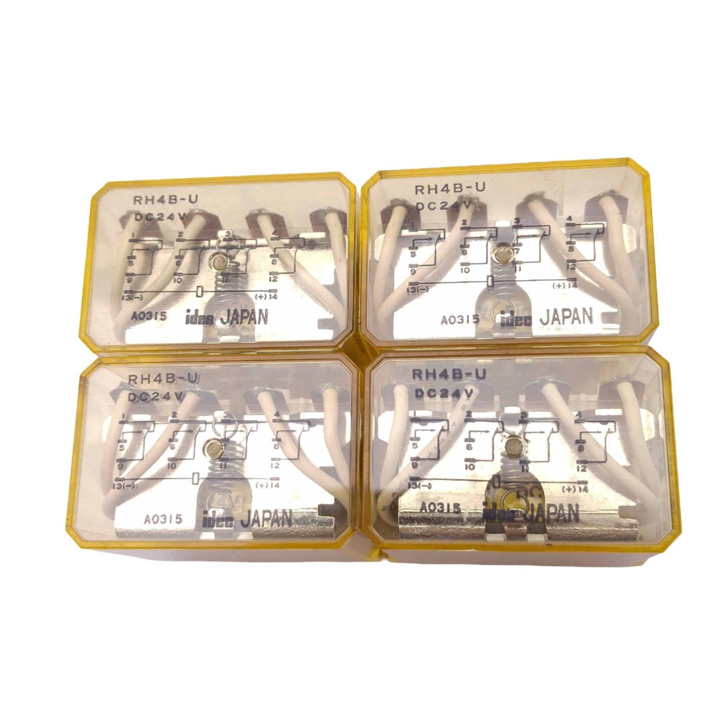 Used Lot of 4 IDEC RH4B-UDC24V Relays, 4PDT 14-Pin Blade, 10A Max, 24VDC Coil