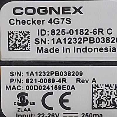 Used Cognex 821-0069-4R 4G7S Checker Sensor, 22-26VDC In, 24VDC Out, 12/8-Pin M12