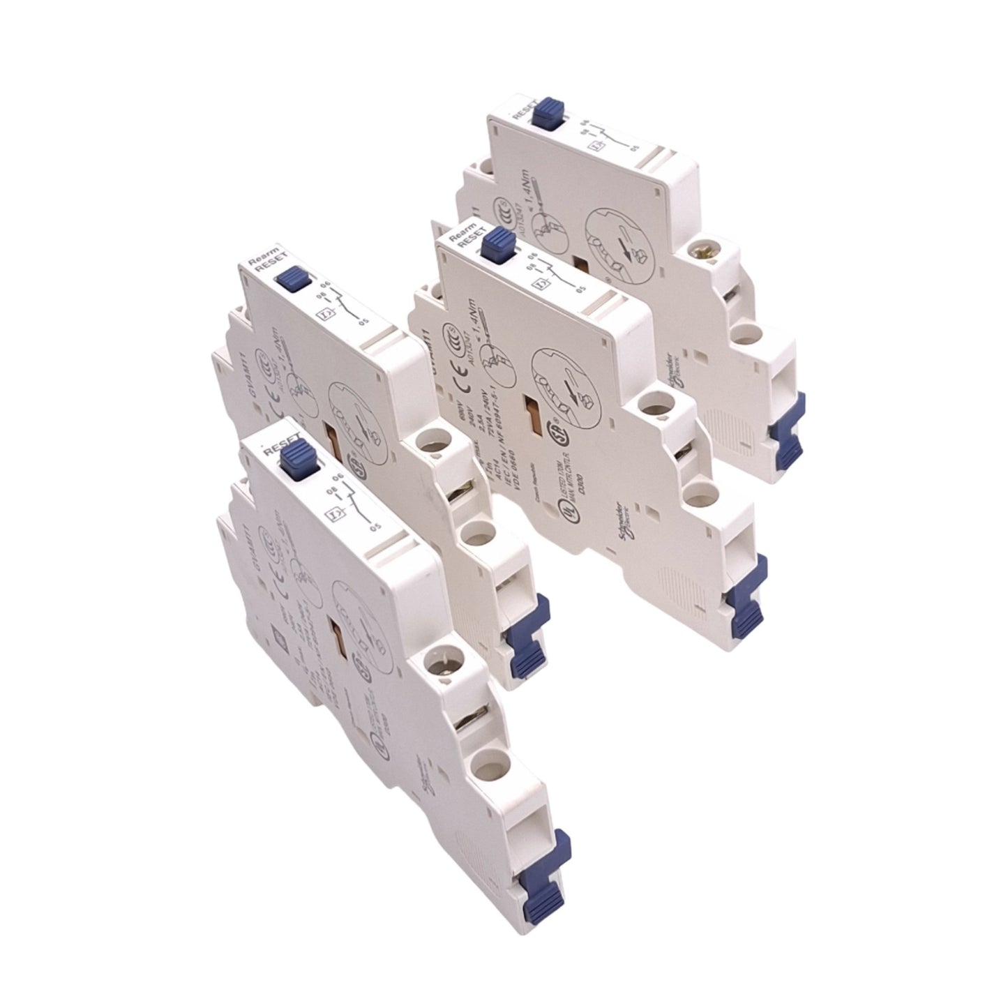 New – Open box Lot of 4 Schneider Electric GVAM11 Aux Contact Blocks, 1C/O, 6A 240VAC Max