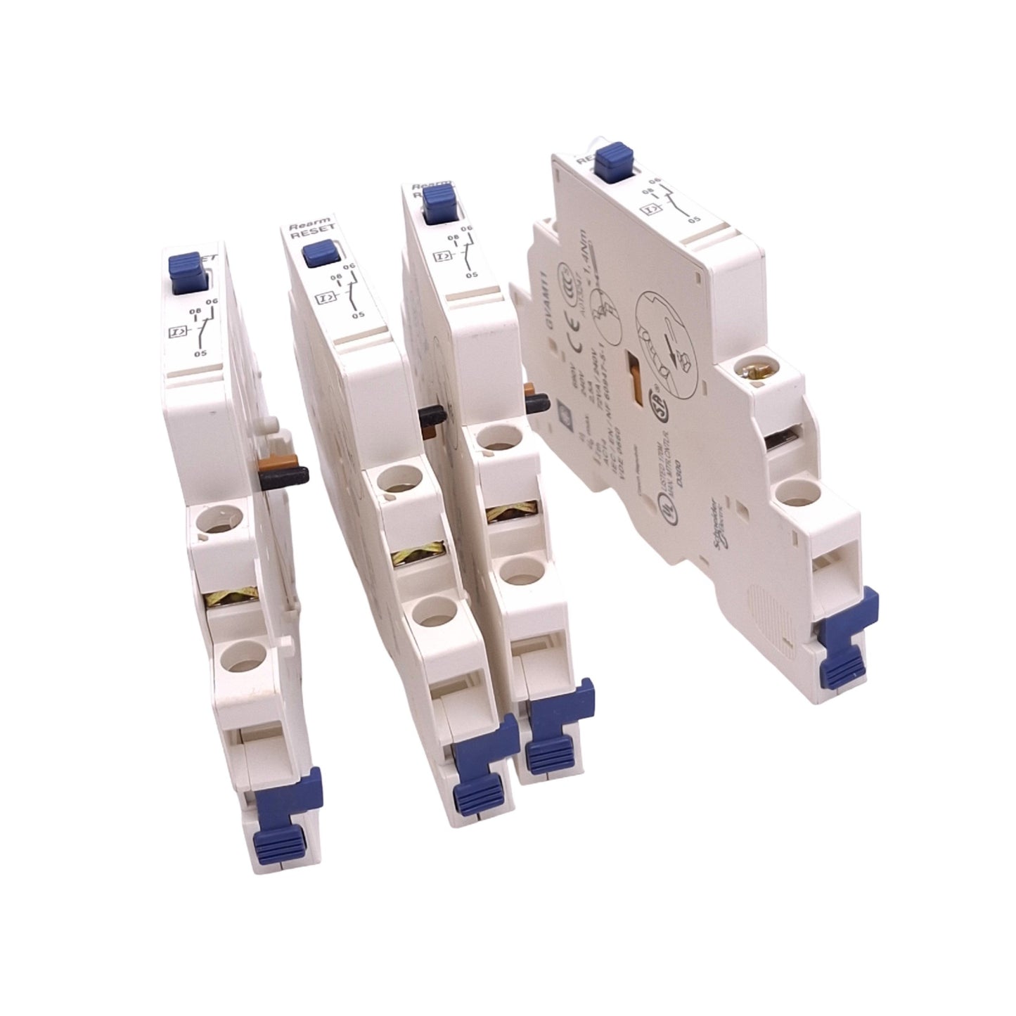 New – Open box Lot of 4 Schneider Electric GVAM11 Aux Contact Blocks, 1C/O, 6A 240VAC Max