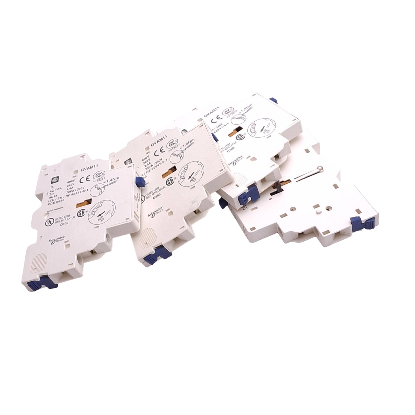 New – Open box Lot of 4 Schneider Electric GVAM11 Aux Contact Blocks, 1C/O, 6A 240VAC Max