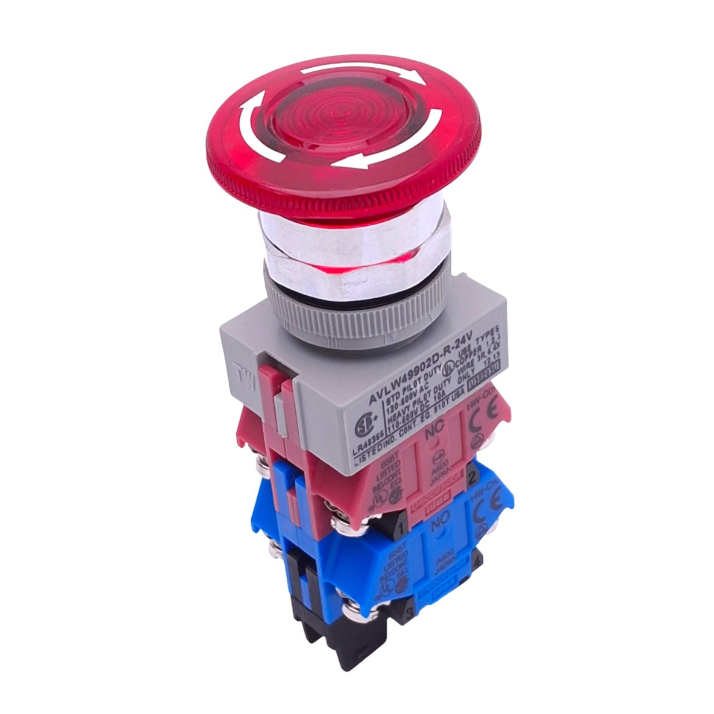 Used IDEC AVLW49902D-R-24V Red Illuminated Push/Twist E-Stop Switch, 22mm, 2NO 2NC