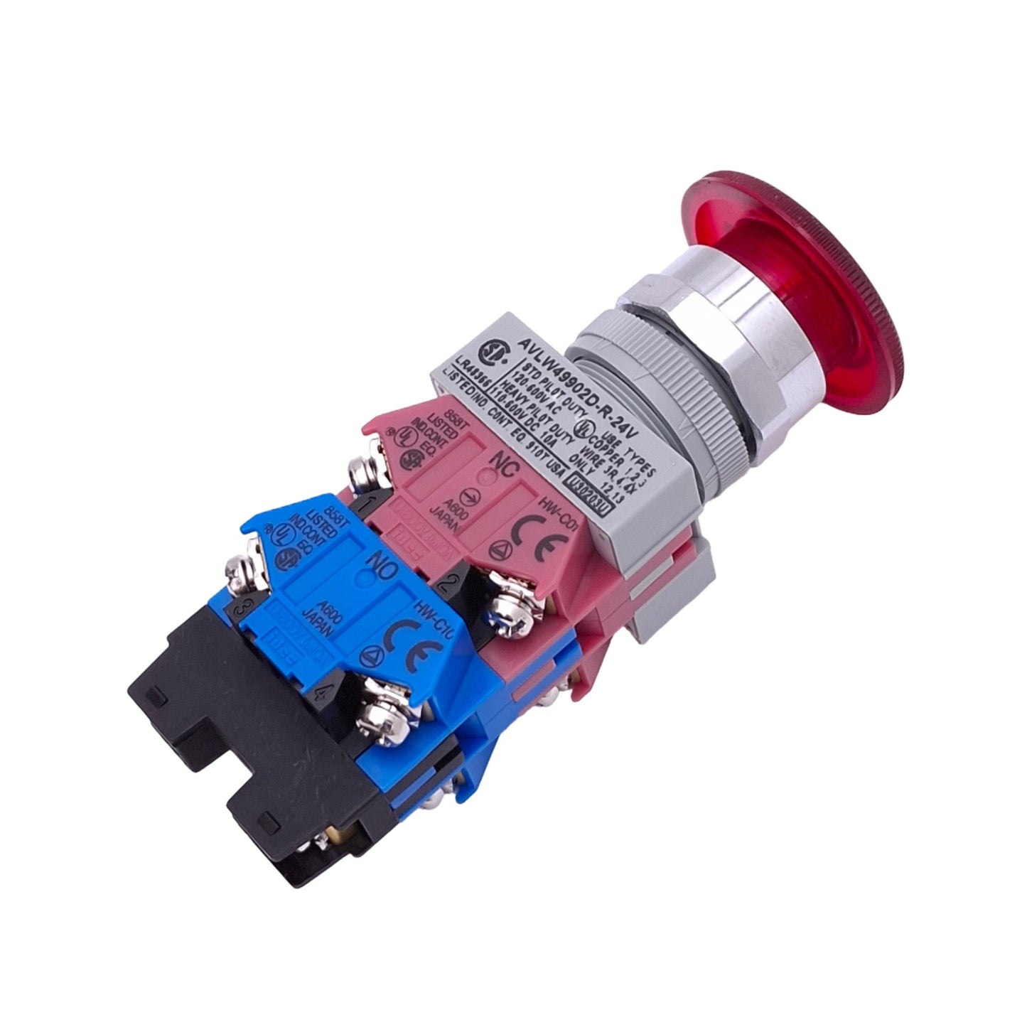 Used IDEC AVLW49902D-R-24V Red Illuminated Push/Twist E-Stop Switch, 22mm, 2NO 2NC