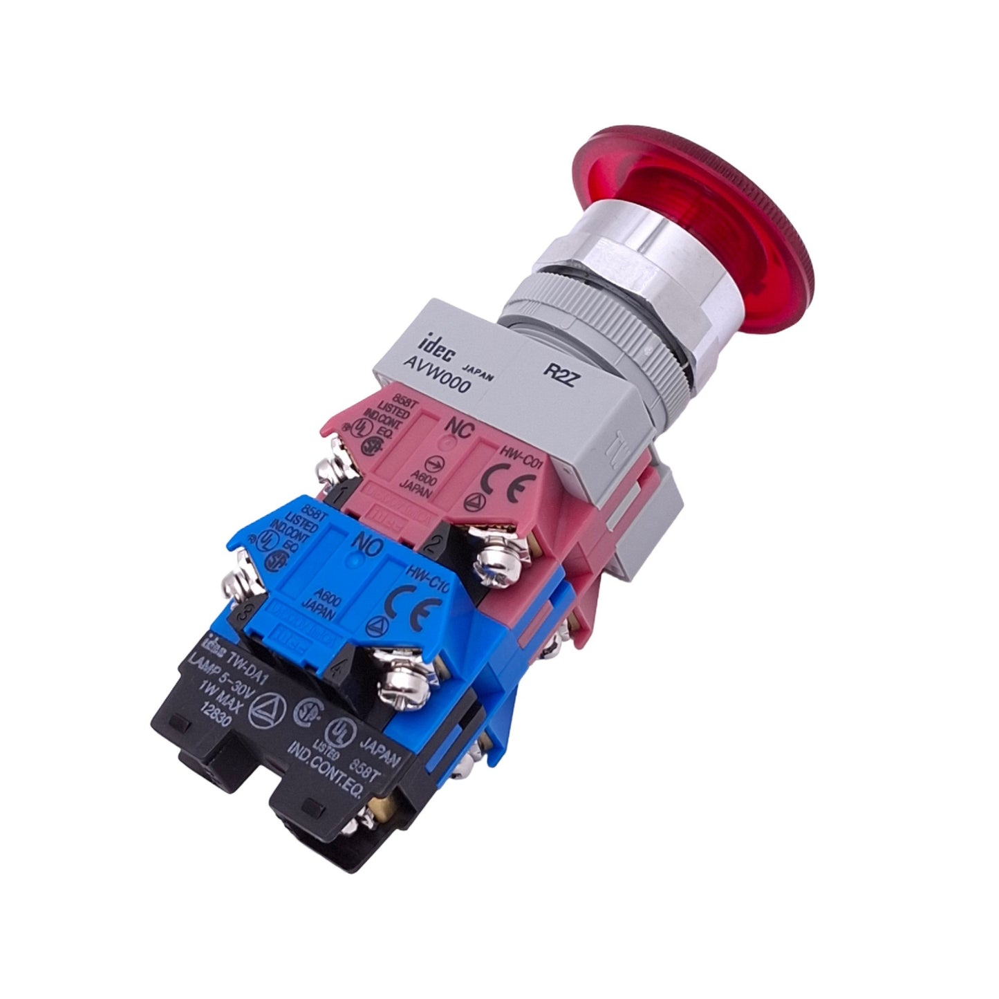 Used IDEC AVLW49902D-R-24V Red Illuminated Push/Twist E-Stop Switch, 22mm, 2NO 2NC