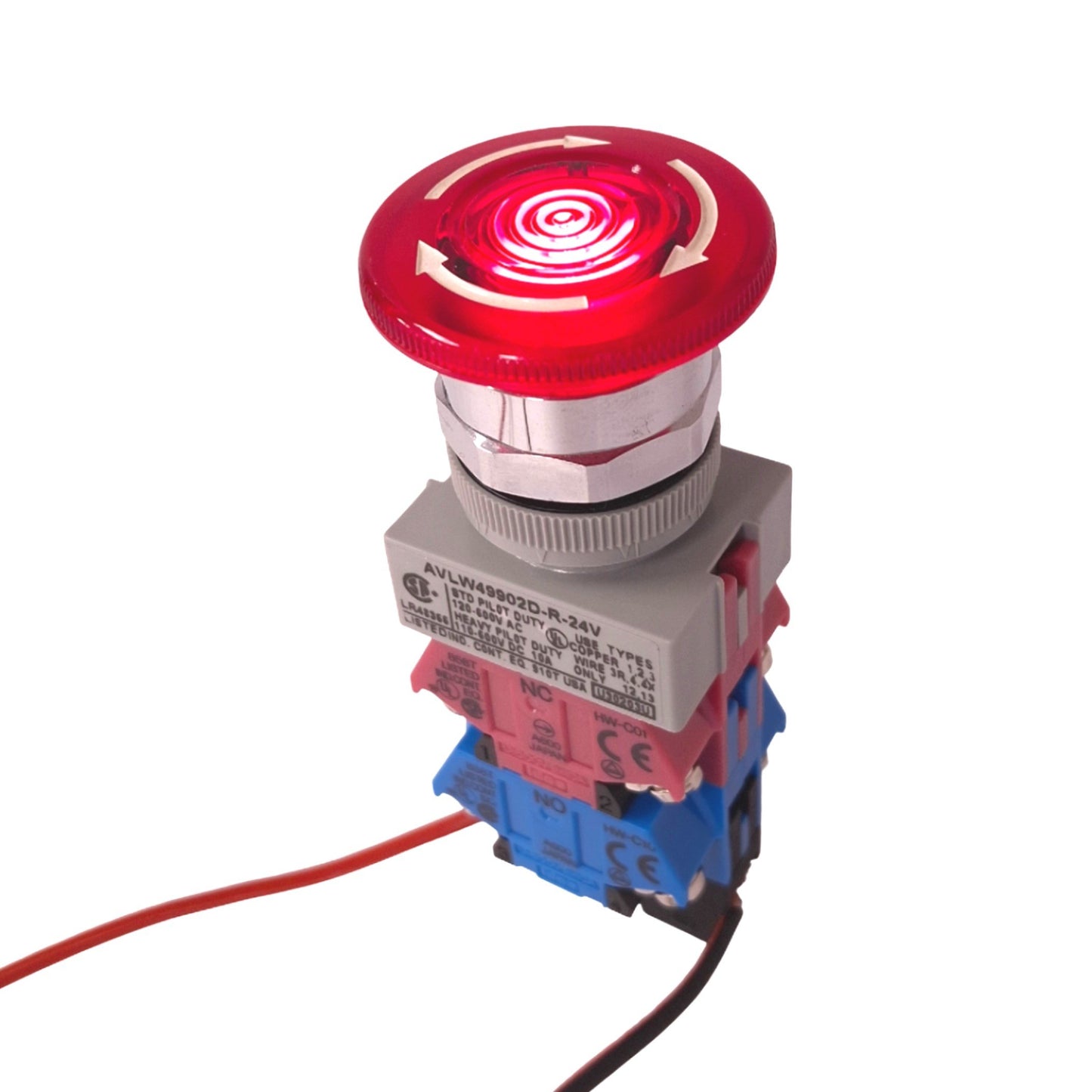 Used IDEC AVLW49902D-R-24V Red Illuminated Push/Twist E-Stop Switch, 22mm, 2NO 2NC