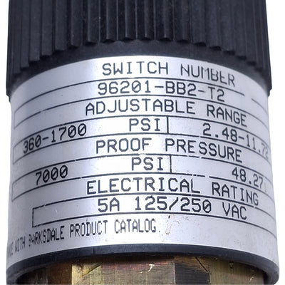 Used Barksdale 96201-BB2-T2 Adjustable Pressure Switch, 360-1700psi Range, 1/4" NPT