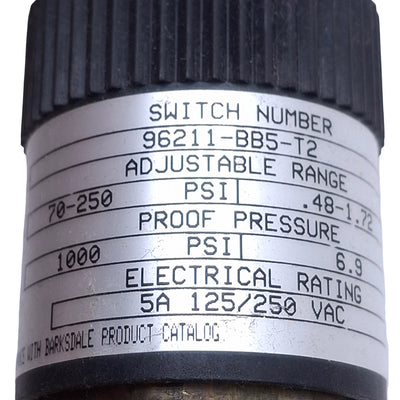 Used Barksdale 96211-BB5-T2 Pressure Switch, SPDT 5A 125/250VAC, 1/4in NPT, 70-250psi
