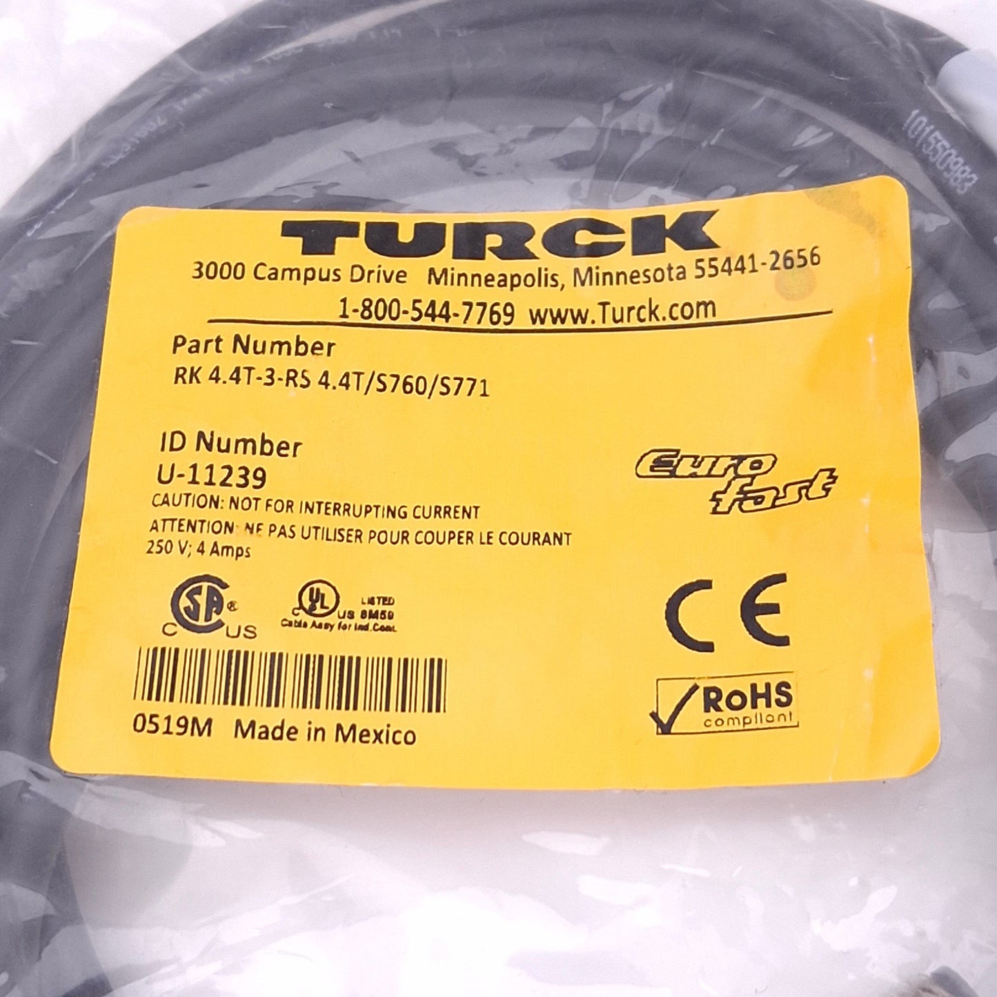 New Turck RK 4.4T-3-RS 4.4T/S760/S771 Eurofast Cordset, M12 4-Pin Male/Female, 3m