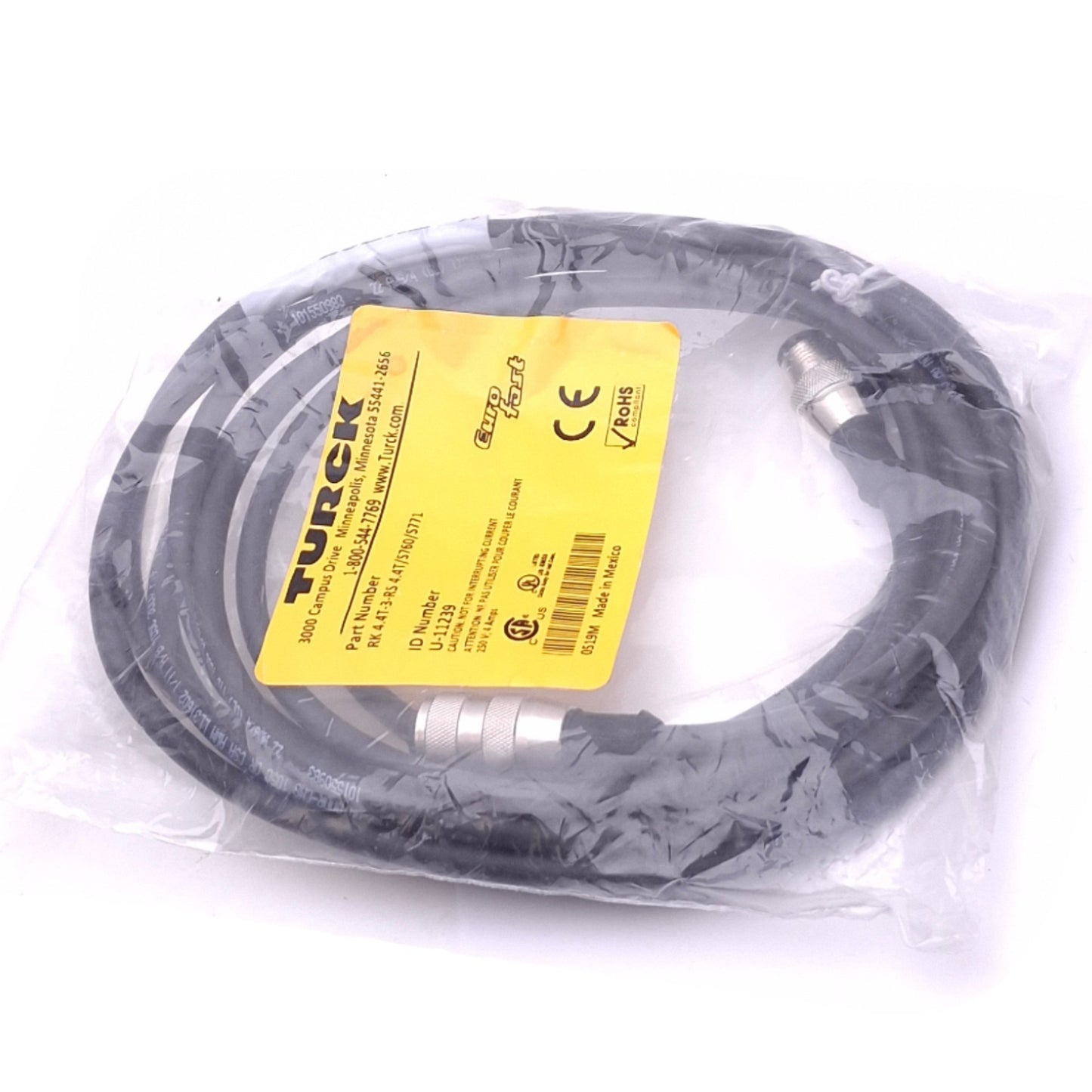 New Turck RK 4.4T-3-RS 4.4T/S760/S771 Eurofast Cordset, M12 4-Pin Male/Female, 3m