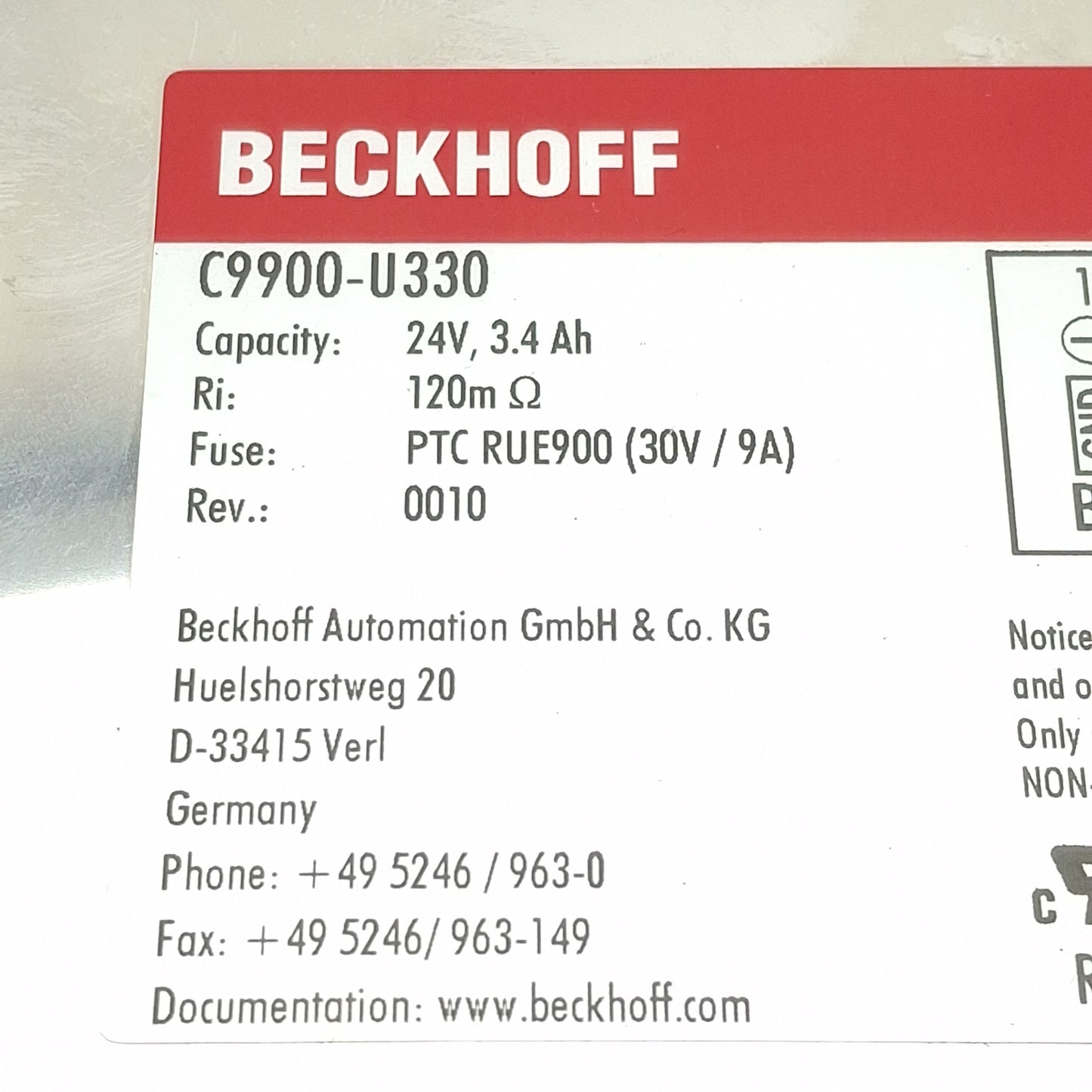 Used Beckhoff C9900-U330 Battery Pack, 24VDC, 3.4Ah, 30VDC 9A Fuse, 120mΩ, 0010Rev