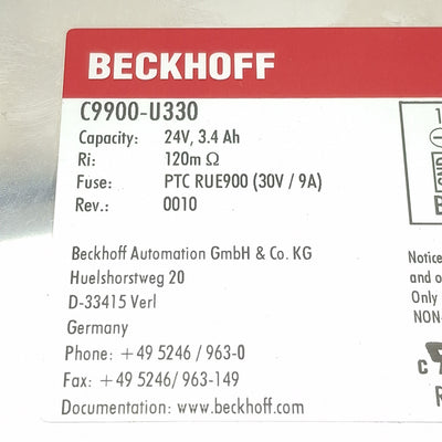 Used Beckhoff C9900-U330 Battery Pack, 24VDC, 3.4Ah, 30VDC 9A Fuse, 120mΩ, 0010Rev