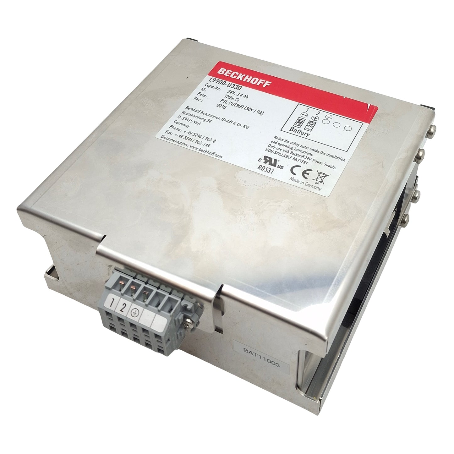 Used Beckhoff C9900-U330 Battery Pack, 24VDC, 3.4Ah, 30VDC 9A Fuse, 120mΩ, 0010Rev