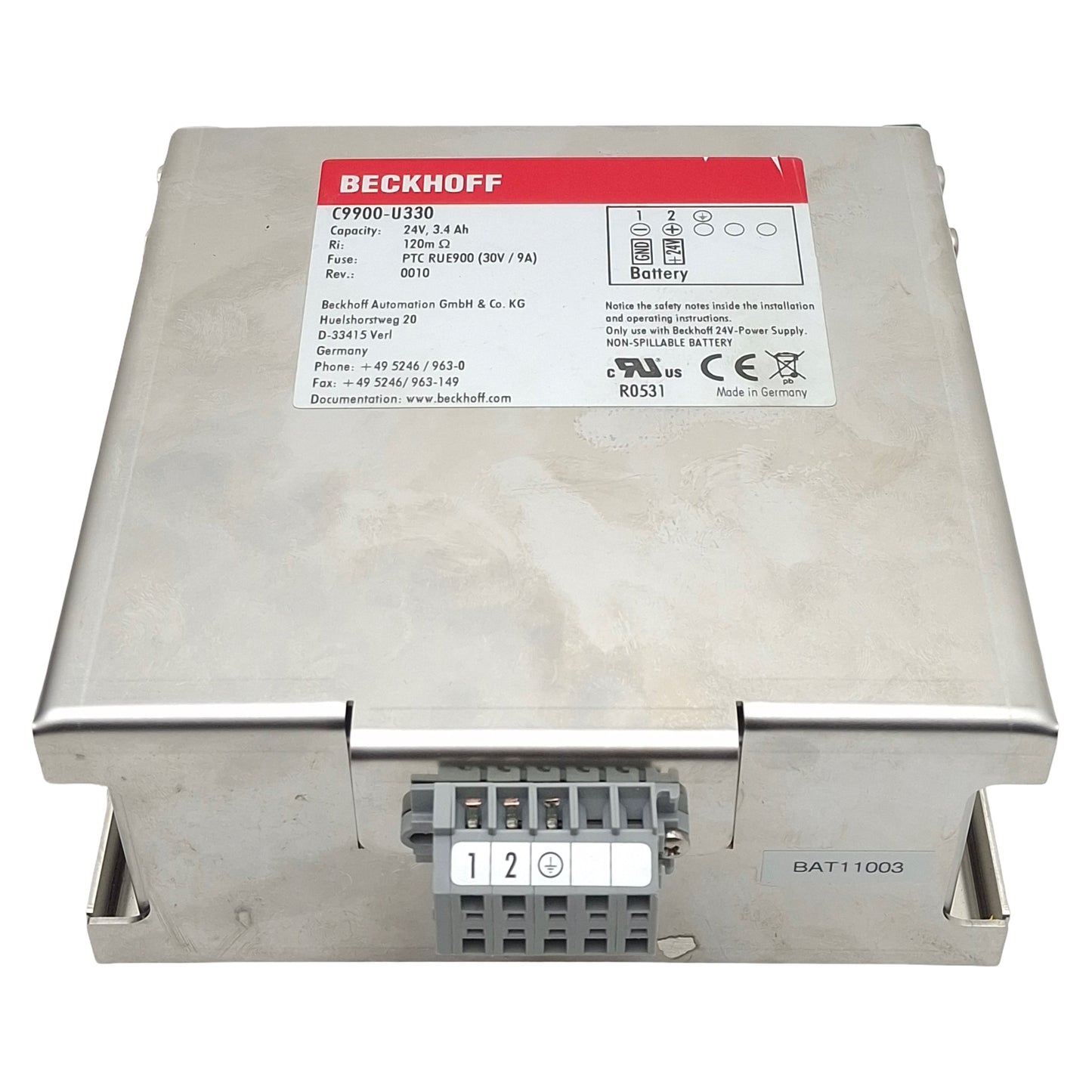 Used Beckhoff C9900-U330 Battery Pack, 24VDC, 3.4Ah, 30VDC 9A Fuse, 120mΩ, 0010Rev