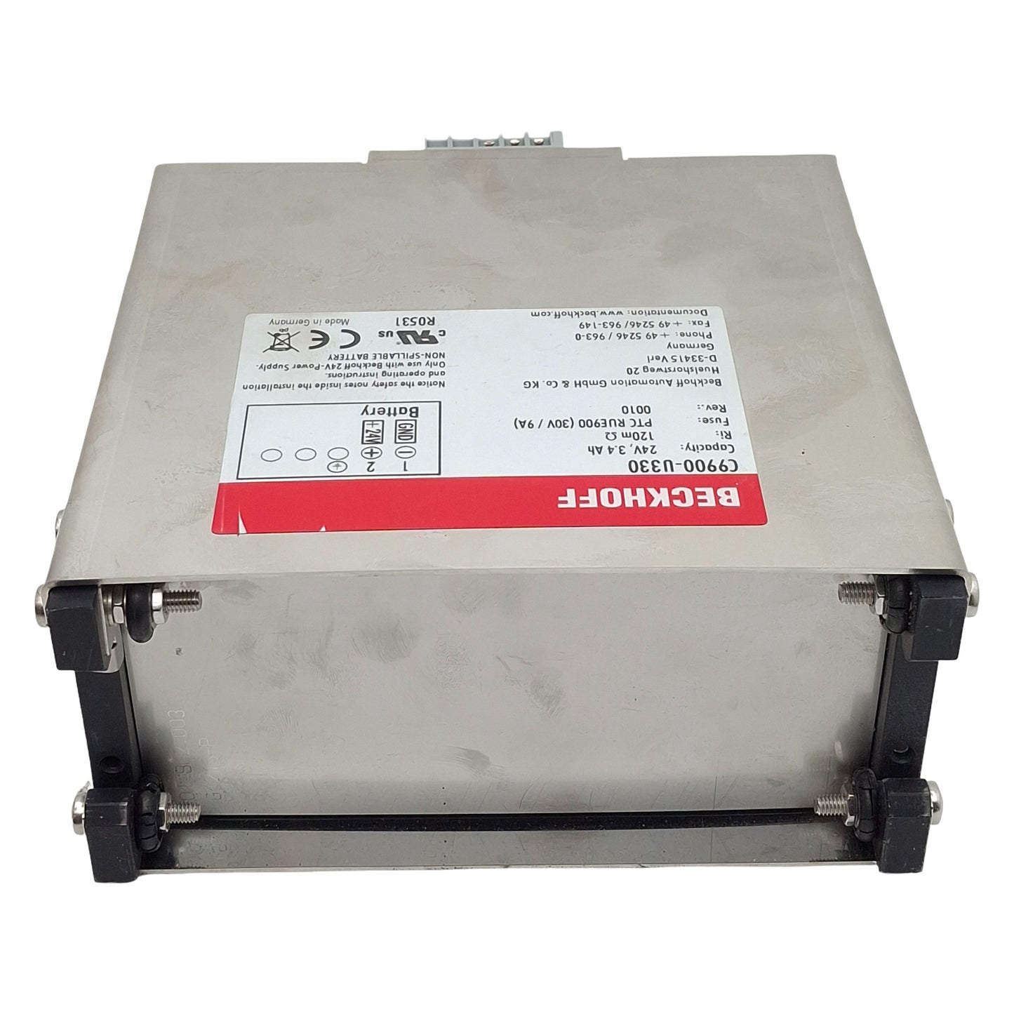 Used Beckhoff C9900-U330 Battery Pack, 24VDC, 3.4Ah, 30VDC 9A Fuse, 120mΩ, 0010Rev