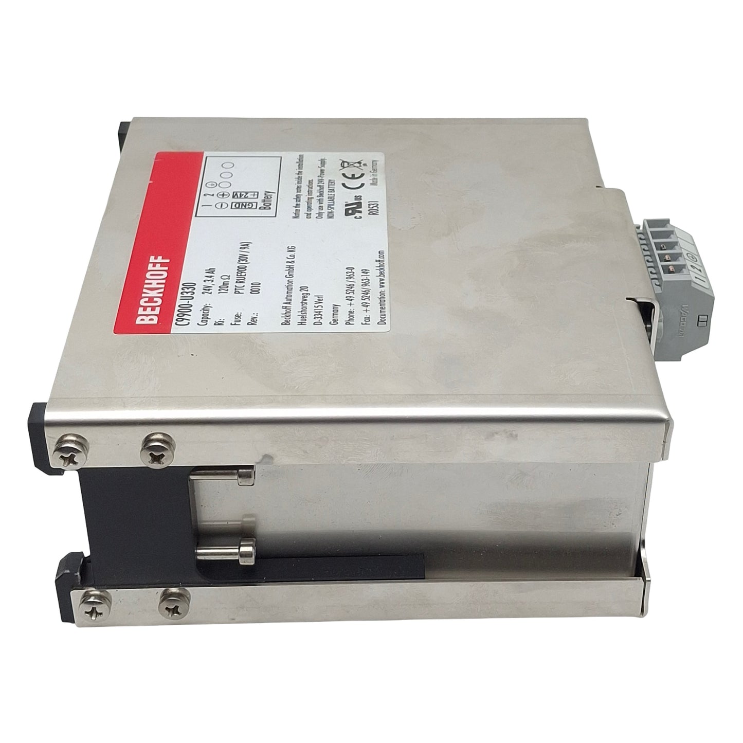 Used Beckhoff C9900-U330 Battery Pack, 24VDC, 3.4Ah, 30VDC 9A Fuse, 120mΩ, 0010Rev