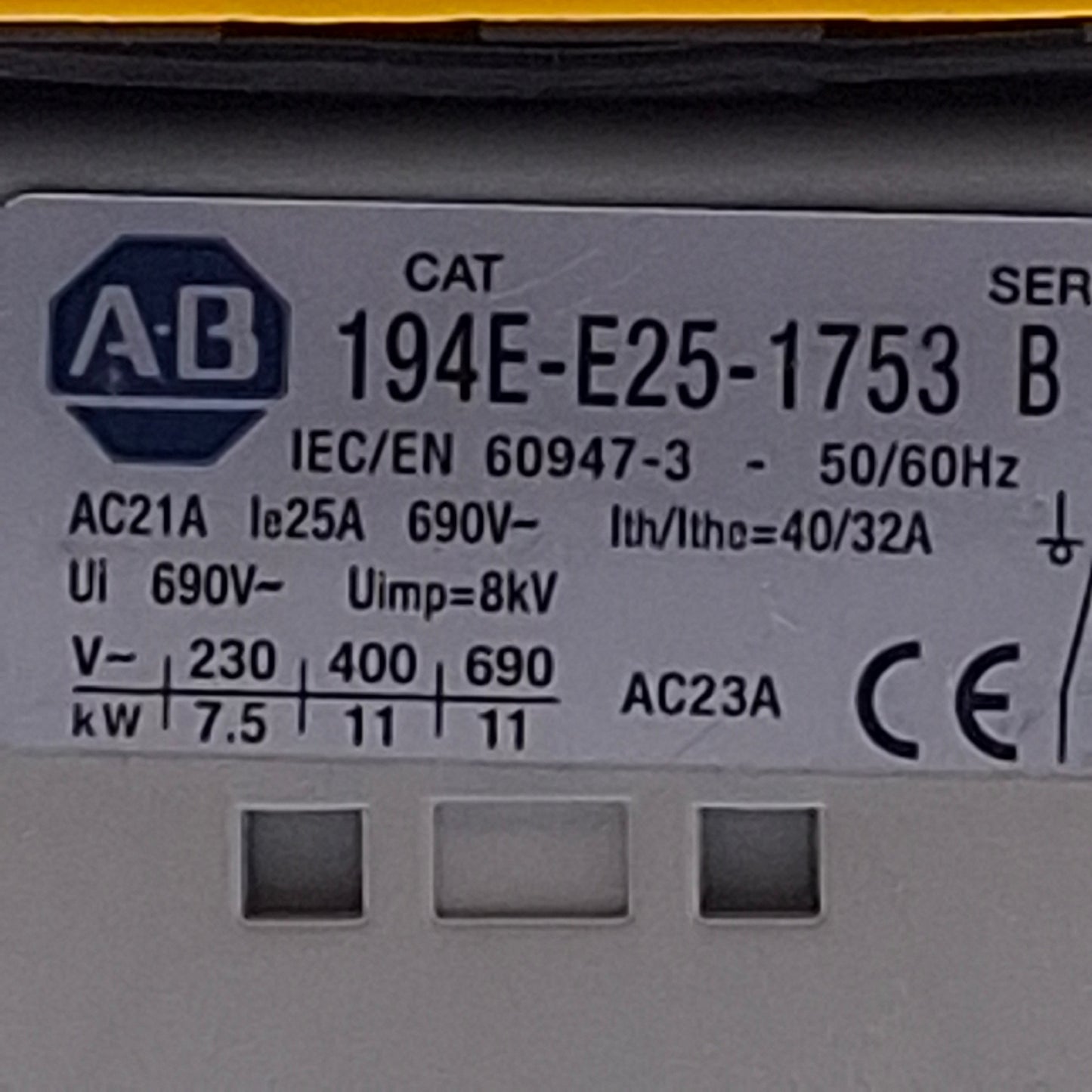 Used Allen Bradley 194L-E25-1753 Disconnect Switch 25A 3-Pole w/Rotary ON-OFF Handle