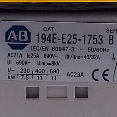 Used Allen Bradley 194L-E25-1753 Disconnect Switch 25A 3-Pole w/Rotary ON-OFF Handle