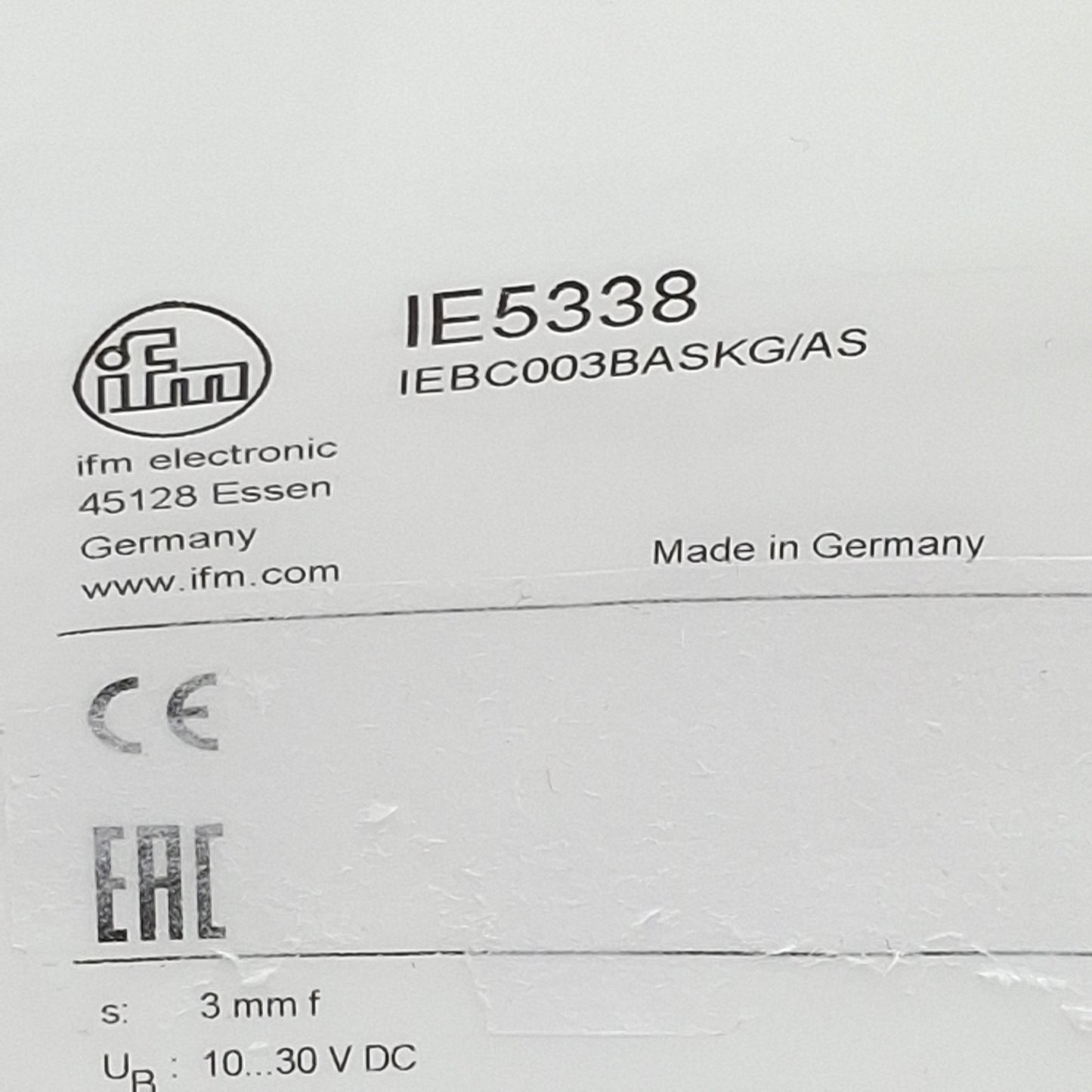 New IFM IE5338 Inductive Sensor, PNP/NPN NO, 3mm Range, 10-30VDC, 3-Pin M8 Male