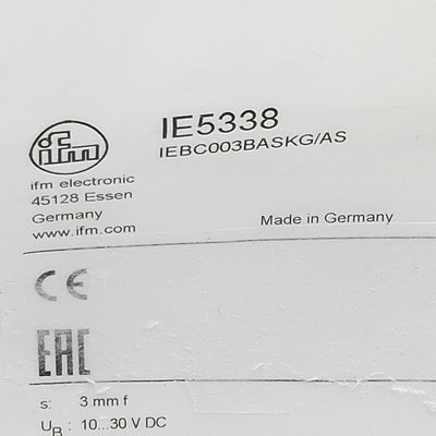 New IFM IE5338 Inductive Sensor, PNP/NPN NO, 3mm Range, 10-30VDC, 3-Pin M8 Male