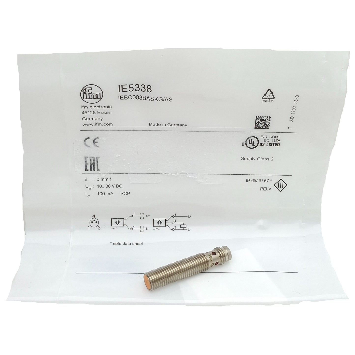 New IFM IE5338 Inductive Sensor, PNP/NPN NO, 3mm Range, 10-30VDC, 3-Pin M8 Male