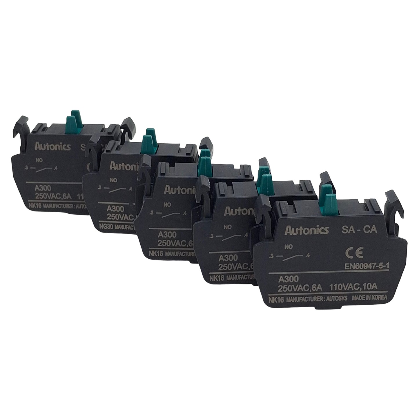 New – Open box Lot of 5 Autonics SA-CA Pushbutton Contact Block, N.O, 110/250VAC 10/6A, 22/25mm