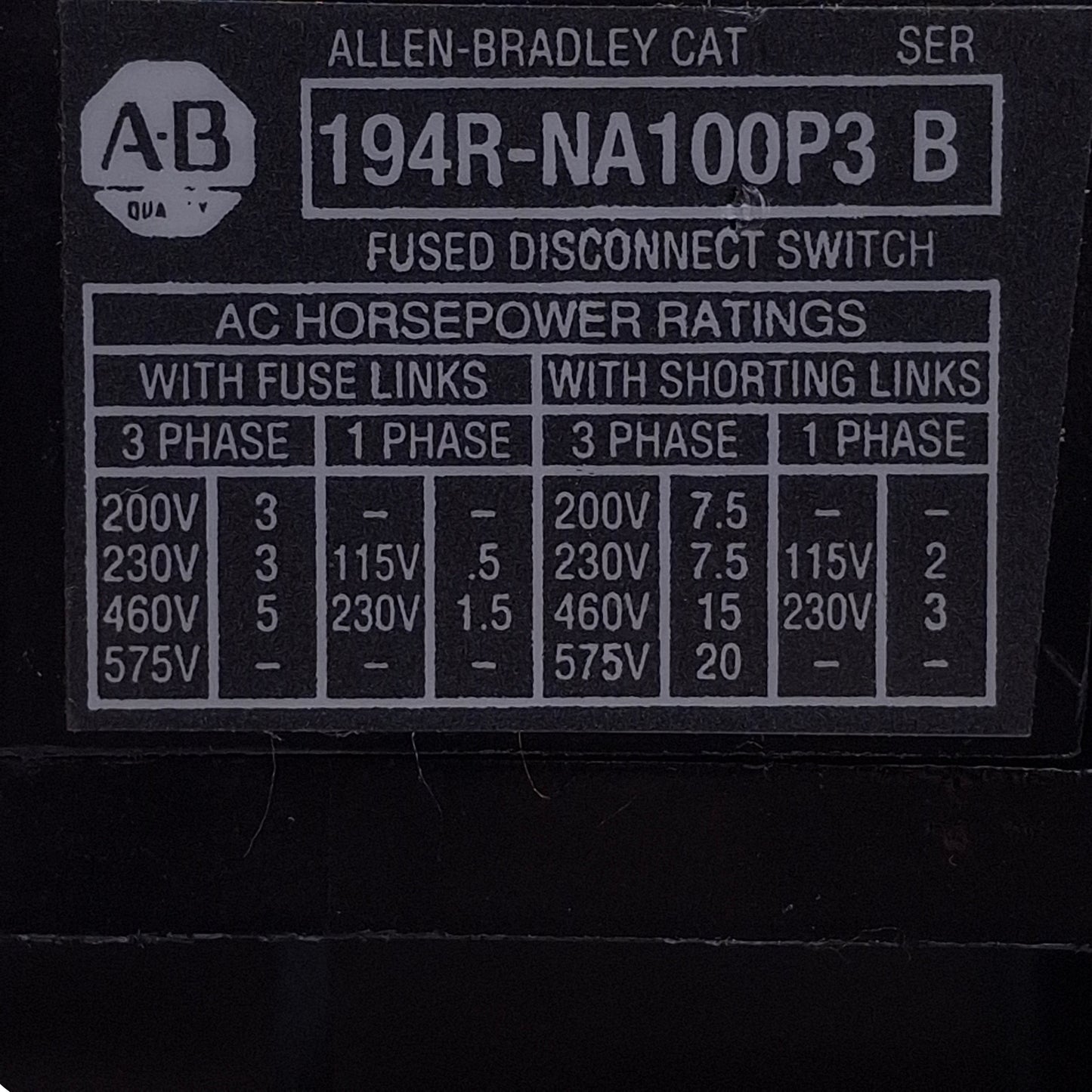 Used Allen Bradley 194R-NA100P3 Disconnect Switch 3-Pole, 20A, 660VAC, BS88 A1 Fuse