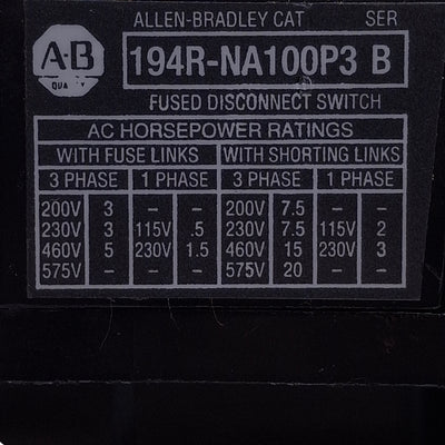 Used Allen Bradley 194R-NA100P3 Disconnect Switch 3-Pole, 20A, 660VAC, BS88 A1 Fuse