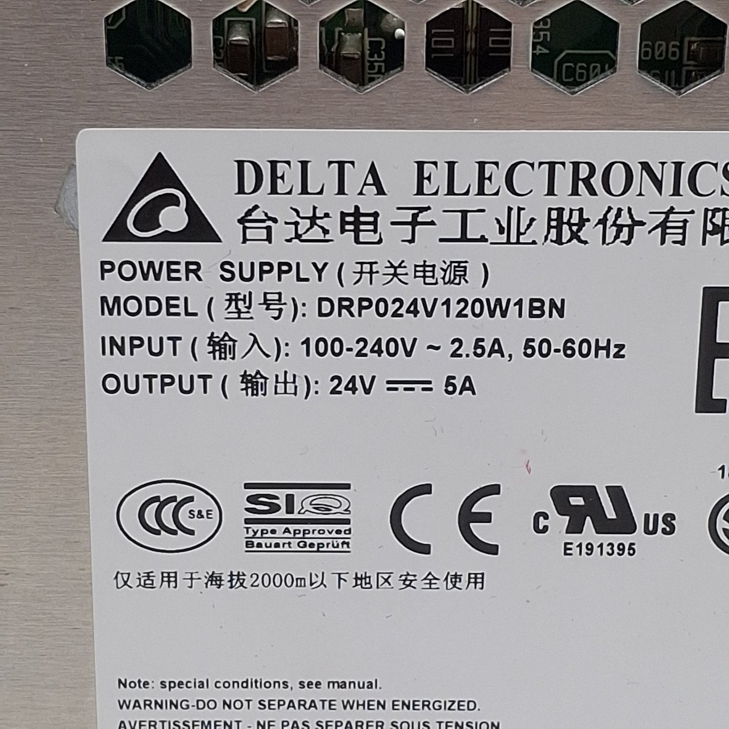 Used Delta Electronics DRP024V120W1BN Power Supply, 100-240VAC In, 5A 24VDC Out
