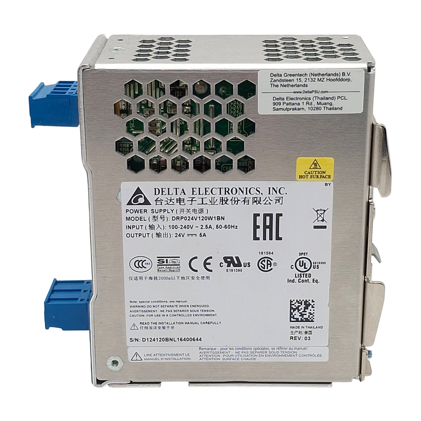 Used Delta Electronics DRP024V120W1BN Power Supply, 100-240VAC In, 5A 24VDC Out