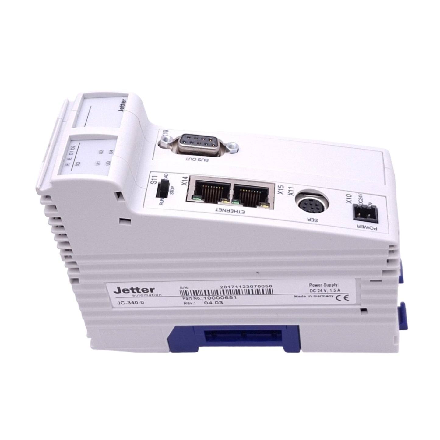 Used Jetter JC-340-0 JetControl PLC Module, 3-Axis, DB9F RJ45, 24VDC, DIN Rail