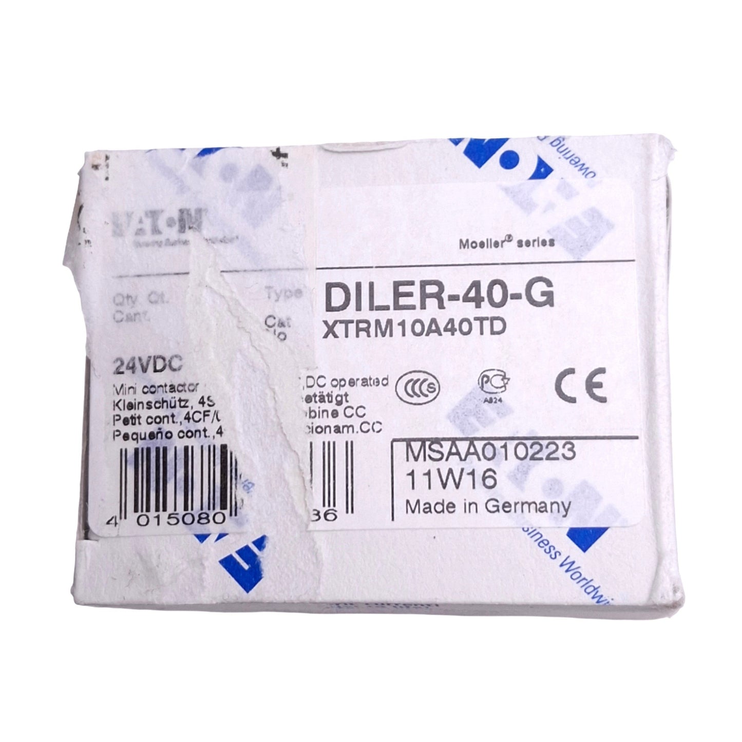 New Eaton DILER-40-G XTRM10A40 Contactor Relay, 4-Pole NO, 10A Max, 24VDC Coil