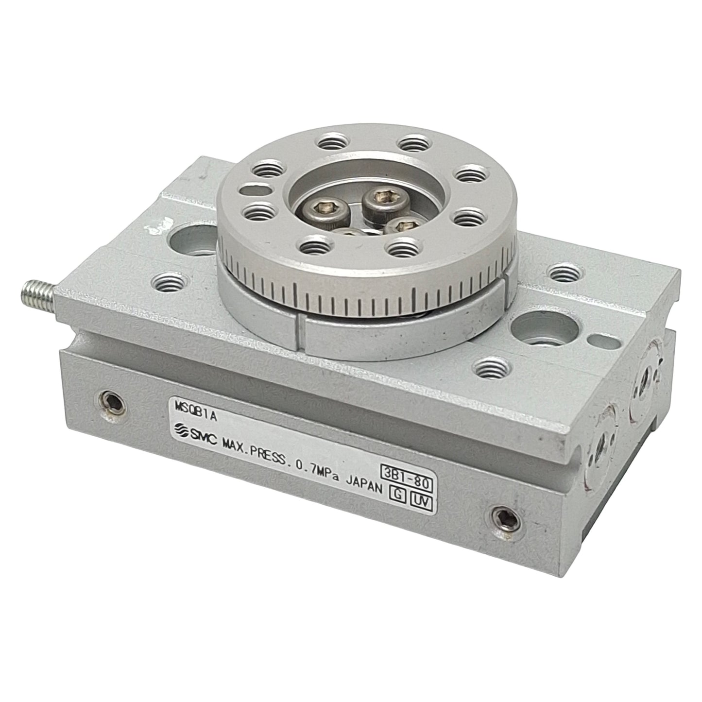 Used SMC MSQB1A Pinion Style Rotary Table, ø6mm Bore, 0-190° Angle, 0.7MPa, M3x0.5