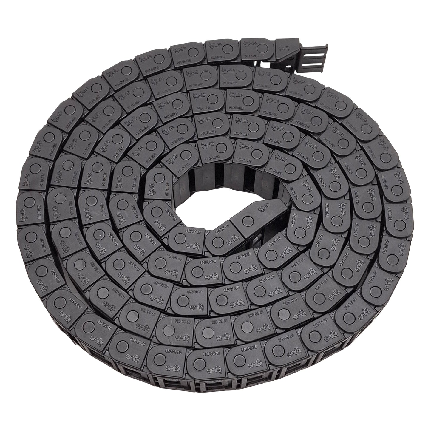 Used Igus 7.30.028 Energy Chain, 30x10.3mm Inner, ø28mm Bend, 94-Link + Ends, 77.25in