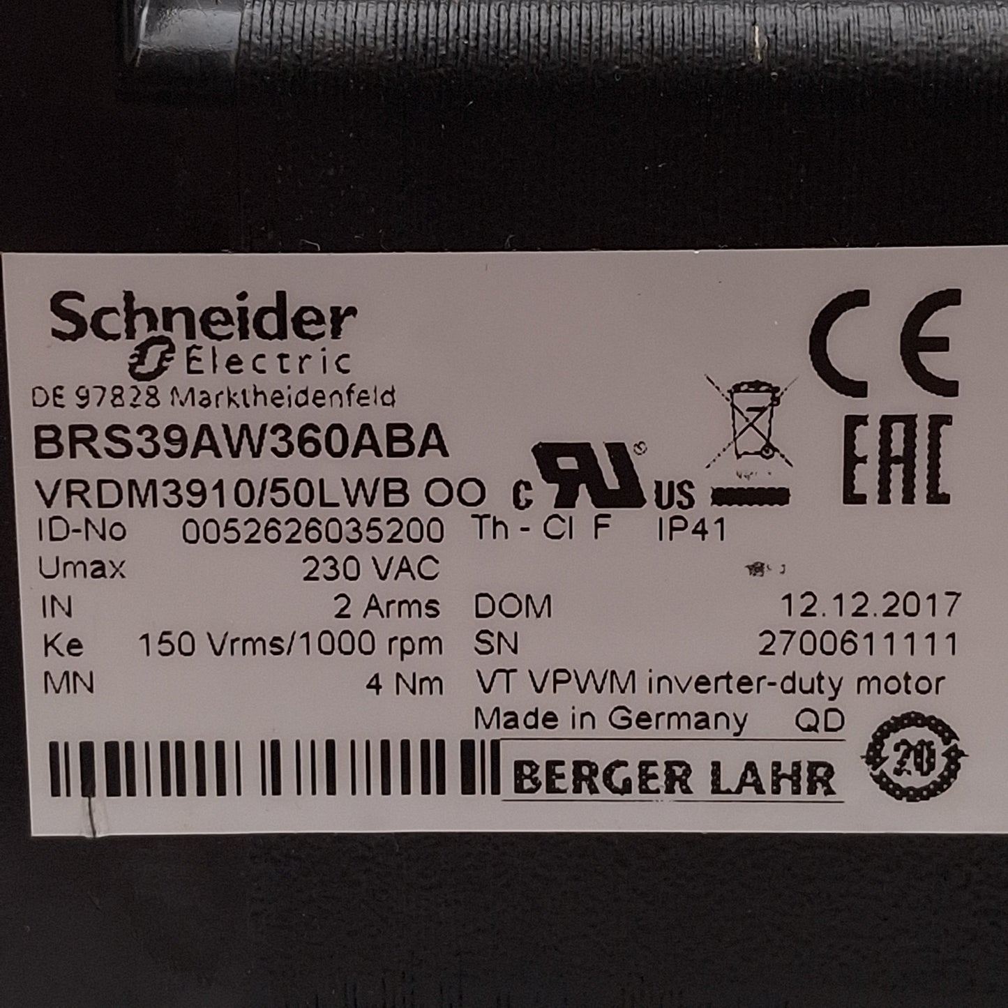 Used Schneider Electric BRS39AW360ABA Stepper Motor, 3Ø 230VAC 2A 4Nm 3000rpm NEMA 34