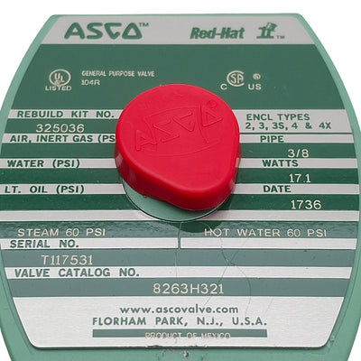 New Asco 8263H321 Red-Hat Solenoid Valve, 2-Way 3/8in NPT, 60psi Max, 220/240V Coil